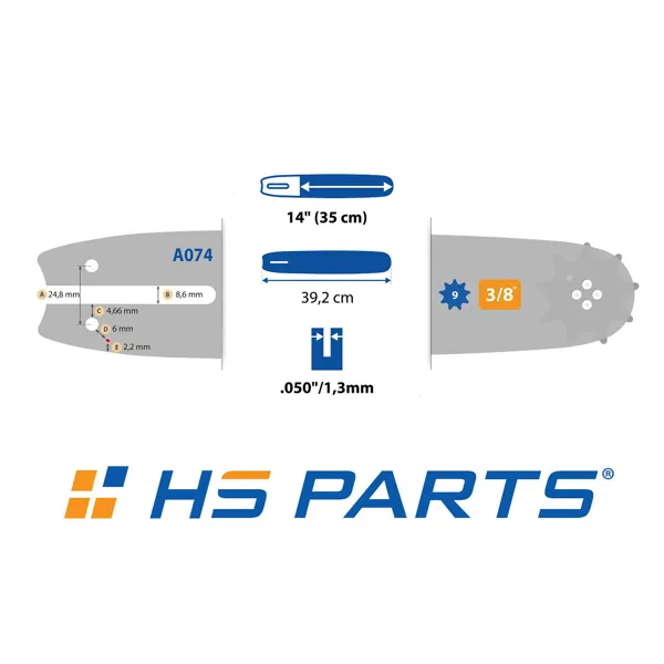 HS PARTS Führungsschiene 14" (35 cm) 3/8" .050" (1,3 mm) + 2 x Sägekette 50 Glieder Vierkantzahn für Stihl 009 010 011 017 018 019 020 021 023 025 MS160 MS170 MS171 MS180 MS181 MS192 MS210 MS211 MS250 MS231 MS241 MS251