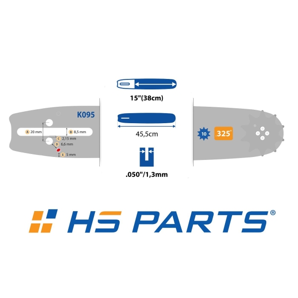 HS PARTS Führungsschiene 15" (38 cm) .325" .050" (1,3 mm) + 2 x Sägekette 64 Glieder Vierkantzahn für Husqvarna 40 55 242 254 262 339XP 353 357 359 T435 445 455 460 550 560XP