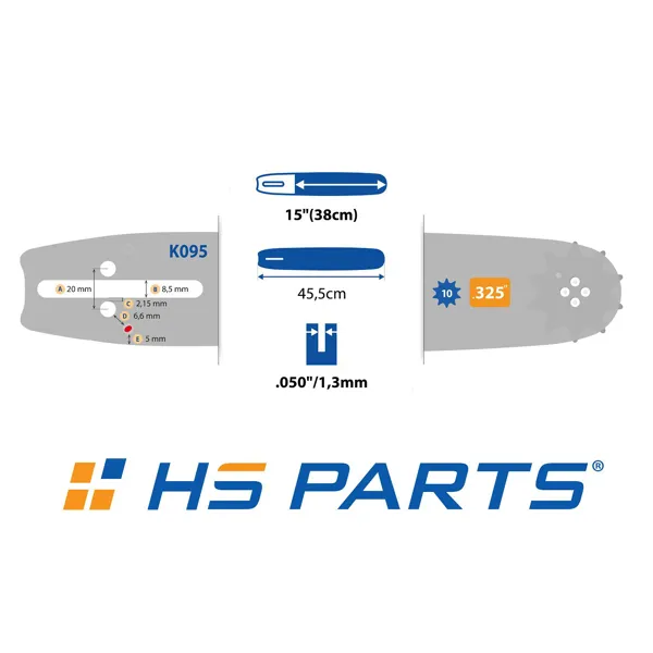 HS PARTS Führungsschiene 15" (38 cm) .325" .050" (1,3 mm) + Sägekette 64 Glieder Vierkantzahn für Husqvarna 36 55 136 154 257 262 346 357 435 445 460 Jonsered 2054 2152 CS2149W Dolmar 109 111 112 116 Solo 639 651 665