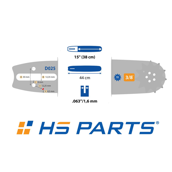 HS PARTS Führungsschiene 15" (38cm) 3/8" .063" (1.6mm) + Sägekette 56 Glieder Rundzahn für die Herstellung von Platten passend Stihl MS360 MS361 MS362 MS440 MS441 MS660