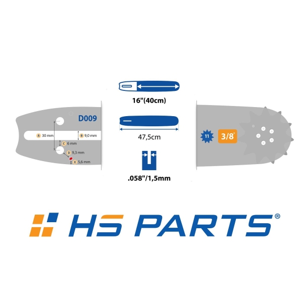HS PARTS Führungsschiene 16" (40 cm) 3/8" .058" (1,5 mm) 60 DL für Husqvarna 61 66 266 268 272 365 372XP 281 298 380 385 585 Solo 665 670 681 Jonsered 2077 2171 Dolmar PS6400 Shindaiwa 285 577 Makita DCS6400 DCS7301