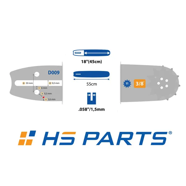 HS PARTS Führungsschiene 18" (45 cm) 3/8" .058" (1,5 mm) + Sägekette 68 Glieder Vierkantzahn für Husqvarna 66 266 268 365 372XP 385 394 395 562XP 570 575 576XP 2100XP