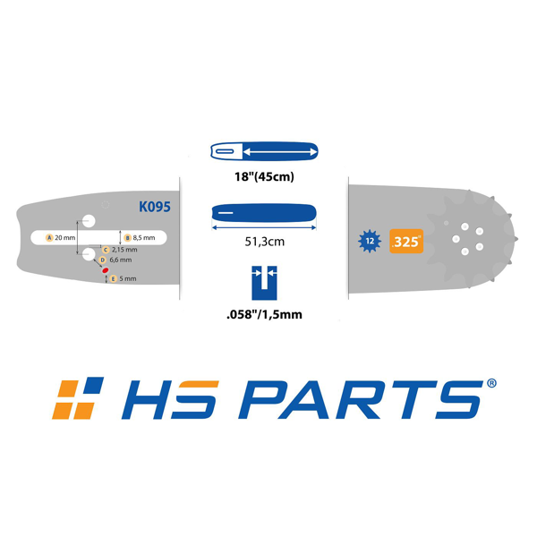 HS PARTS Führungsschiene 18" (45 cm) .325" .058" (1,5 mm) + 2 x Sägekette 72 Glieder Vierkantzahn für Husqvarna 36 55 136 254 257 262 357 435 445 460 Jonsered 2054 2152 2155 Dolmar 109 111 112 116 Solo 639 651 665