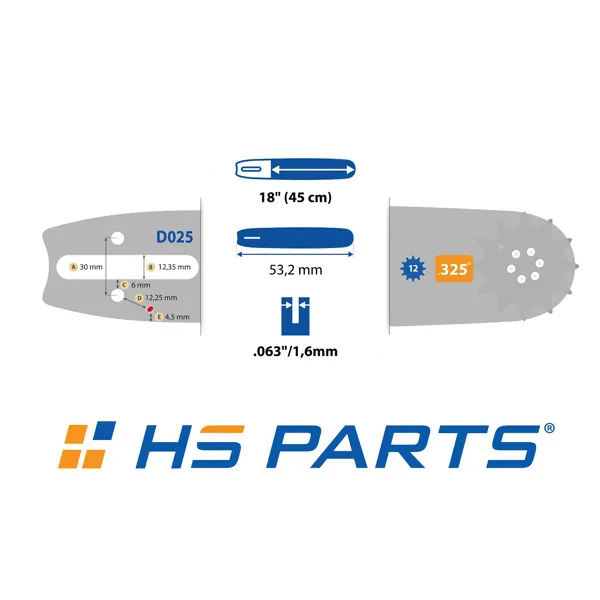 HS PARTS Führungsschiene 18" (45 cm) .325" .063" (1,6 mm) + 2 x Sägekette 74 Glieder Vierkantzahn für Stihl 024 026 036 039 MS240 MS260 MS261 MS270 MS280 MS290 MS310 MS390