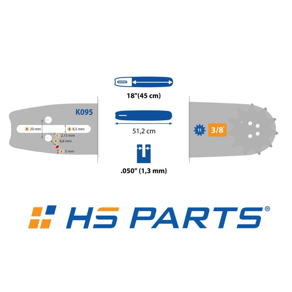 HS PARTS Führungsschiene 18" (45cm) 3/8" .050" (1.3mm) + Sägekette 68 Glieder Vierkantzahn für Husqvarna 40 45 55 242 246 254 257 262 340 345 351 346 357 359 455 555