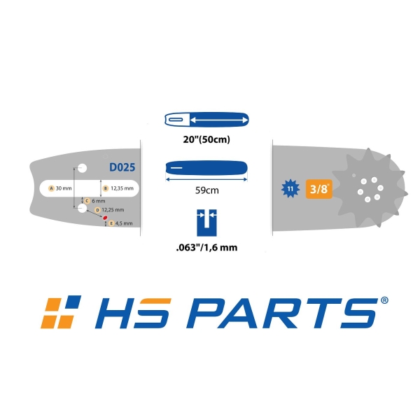 HS PARTS Führungsschiene 20" (50 cm) 3/8" .063" (1,6 mm) + 2 x Sägekette 72 Glieder Vierkantzahn