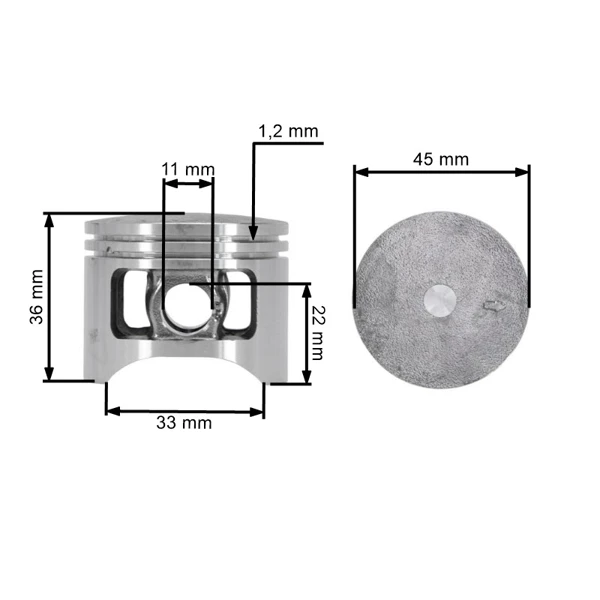 Kompletter Zylinder mit Kolben 45,2 mm für Chinasägen und Sägen aus dem Hobbymarkt mit einem Hubraum von 58 ccm