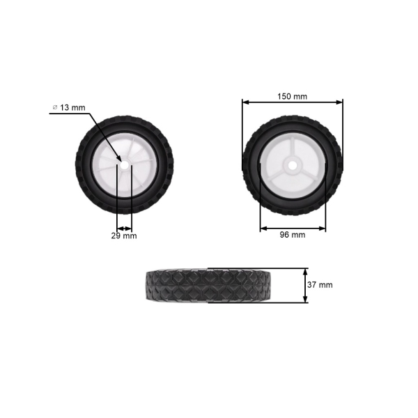 Universal Kunststoffrad für Rasenmäher Durchmesser 150 mm Gummibereifung