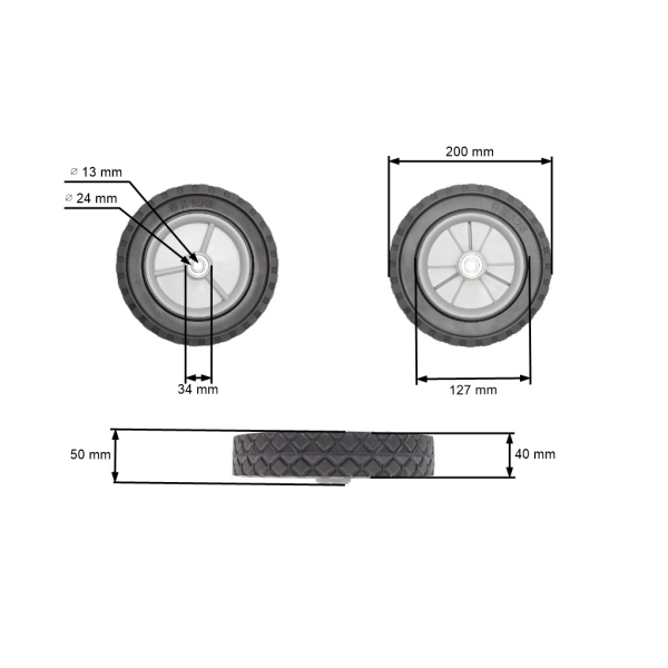 Universal Kunststoffrad mit Kugellager für Gartenmäher Durchmesser 200 mm Gummireifen